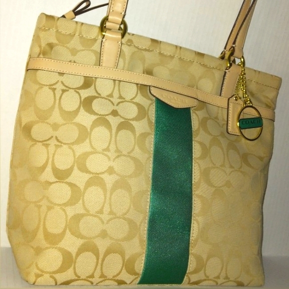 ☆Brand New☆Beautiful COACH Signature Stripe 12CM Emerald Zip Top Tote☆ - Picture 15 of 16